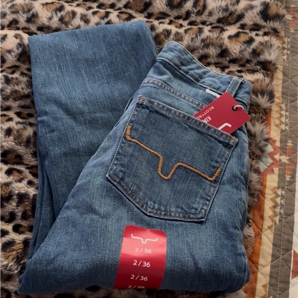 Kimes Ranch Blue Denim Wide Leg Jeans with Brown Stitching JENNIFER